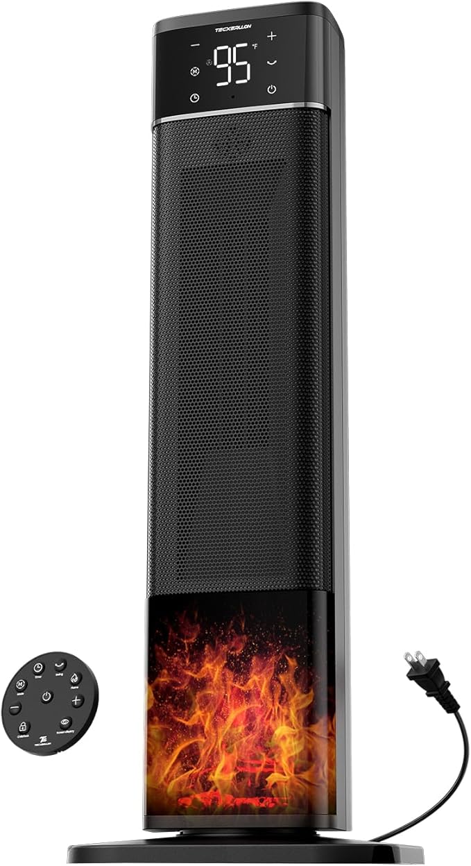 32.3" Portable Space Heaters for Indoor Use Large Room, 1500W Tower Electric Space Heater with 3D Flame, PTC Ceramic Space Heaters with Remote (Black, 33-inch)