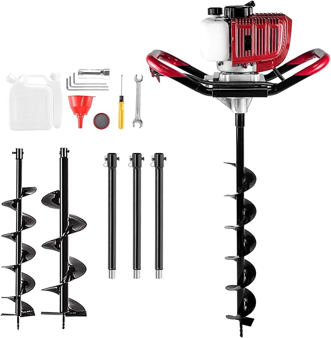 JKCHENPRO 2 Stroke Gas Powered Post Hole Digger, 52CC&1800W Earth Auger Hole Digger with Two Earth Auger Drill Bit 4" / 6" / 8", and Three 10” Extension Rods, Ideal for Farmland, Garden and Plant