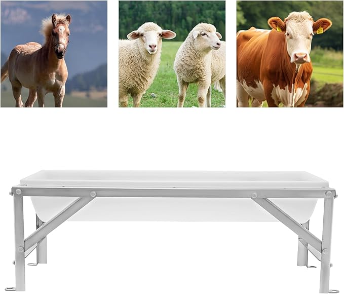 Livestock Feed Trough with Stand, 35L/9.25Gal Capacity Livestock Water Trough with Triangular-Structure Stand 39" Long Portable Farm Animal Feeder for Calves, Pigs, Sheep and Horses (White)