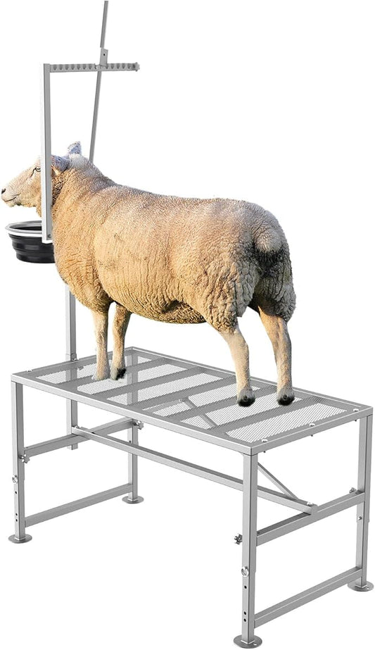600 LBs Goat Stand with Feed Bin, Goat Milking Livestock Stand for Sheep Trimming and Milking, for Hoof Trimming, with Feeder, Adjustable Size, Iron Silver