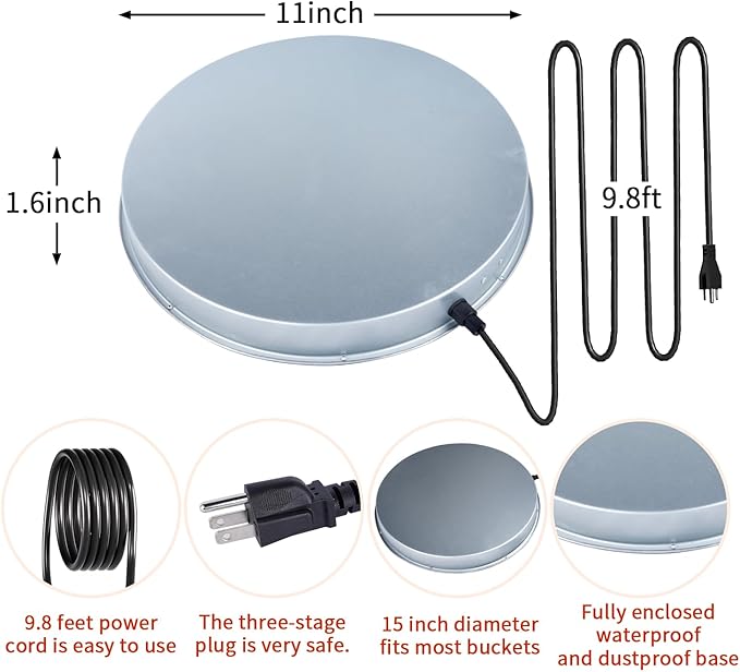 Chicken Water Heater for Winter，110Watt Heated Poultry Waterer Base,with Thermostat and 9.8ft Power Cord, Dia.11in