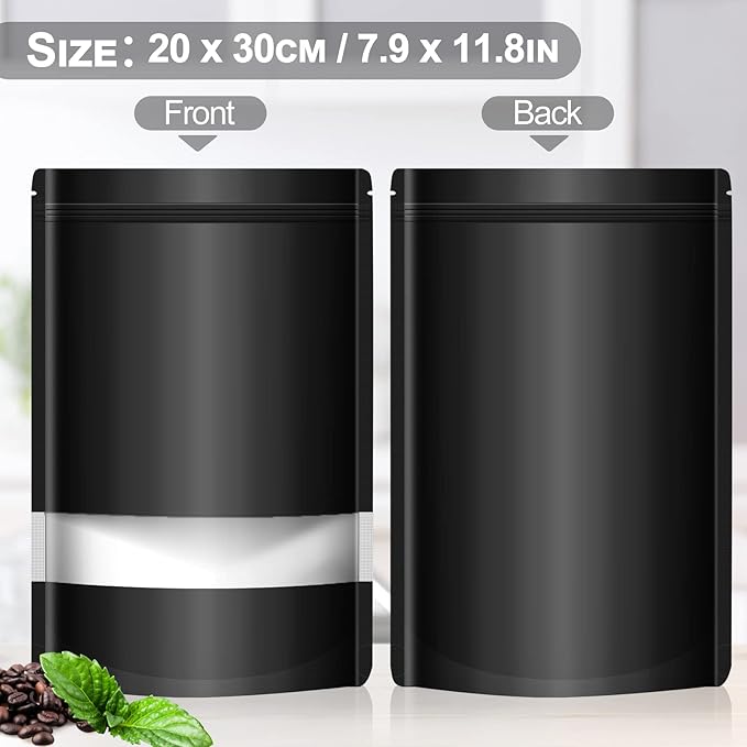 100 Pack Smell Mylar Proof Bags for Food Storage, Resealable Packaging Bags for Small Business, Stand Up Foil Pouches Reusable Heat Sealable Bags with Clear Window (Black, 7.8x11.8 In)