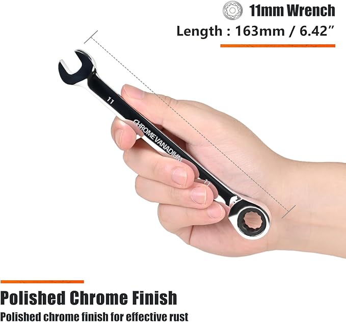 Egofine 11mm Ratcheting Combination Wrench Metric, Industrial Grade Gear Spanner with 12-Point Design, 72-Tooth Ratchet, Chrome Vanadium Steel