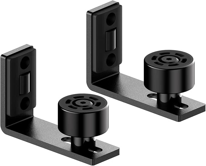 Sliding Barn Door Floor Guide Wall Mount Hardware Adjustable Stay Rollers, Smooth Wheels Flush Bottom Countersunk Holes Black 2 Pack