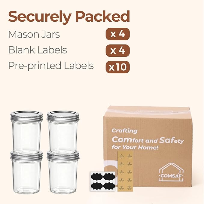 ComSaf Wide Mouth Mason Jars 16 oz with lids - 4 Pack, Pint Mason Jars with Seal Bands, Glass Canning Jars for Honey, Jam, Jelly, Coffee, Salad, Desert, Shower Wedding Favors, DIY Candles Decor