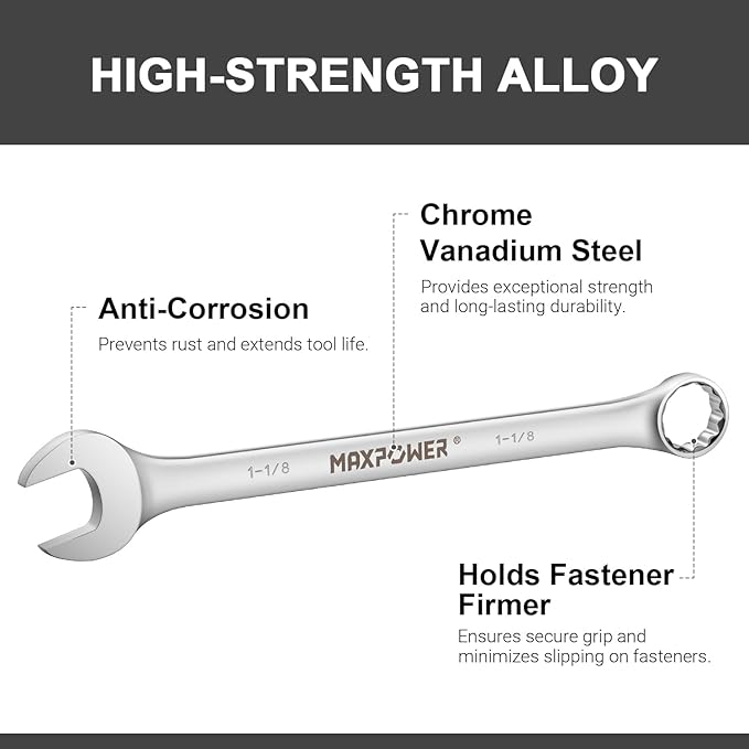 MAXPOWER 1-1/8 Inch Combination Wrench, Industrial Grade Spanners with 12 Point Box End, Durable Chrome Vanadium Steel with Off Corners Design, 15 Degree Offset - SAE