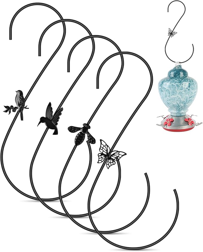 PACETAP Bird Feeders Hanger 12-Inch, 4PCS Metal Hummingbird Feeder Hooks, Heavy Duty Plant Hangers Outdoor for Hanging Plants, Wind Chimes, Christmas Ornaments and More (Black)