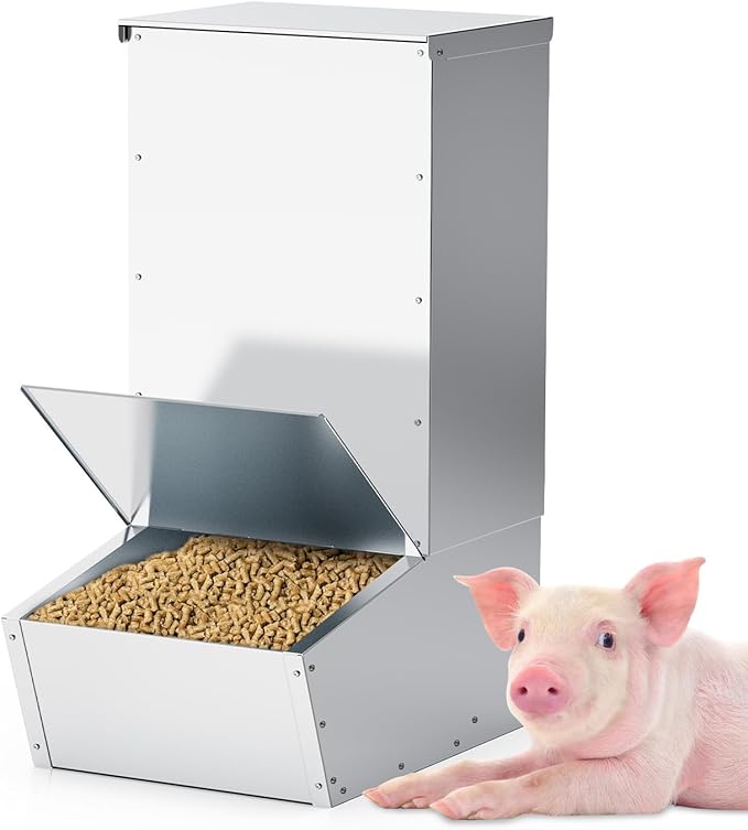 Hog Feeder, 2.5 Bushels Capacity, Heavy Duty Galvanized Steel Single Door Pig Feeder, Moisture Proof Piglet Creep Feeder, All Nuts Pre-Installed, Silver