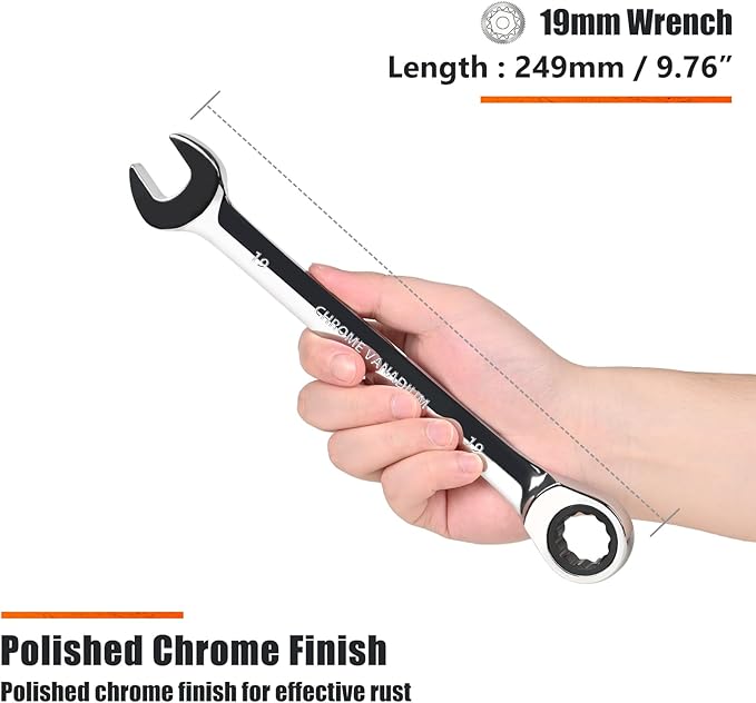 Egofine 19mm Ratcheting Combination Wrench Metric, Industrial Grade Gear Spanner with 12-Point Design, 72-Tooth Ratchet, Chrome Vanadium Steel