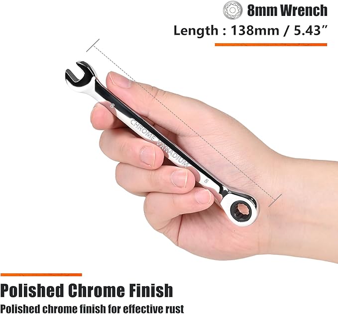 Egofine 8mm Ratcheting Combination Wrench Metric, Industrial Grade Gear Spanner with 12-Point Design, 72-Tooth Ratchet, Chrome Vanadium Steel