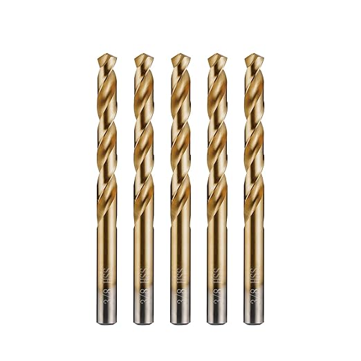 amoolo 3/8" Titanium Drill Bits (5pcs), Premium 4341 HSS Metal Drill Bits for Wood, Metal, Steel, Plastic, Aluminum Alloy