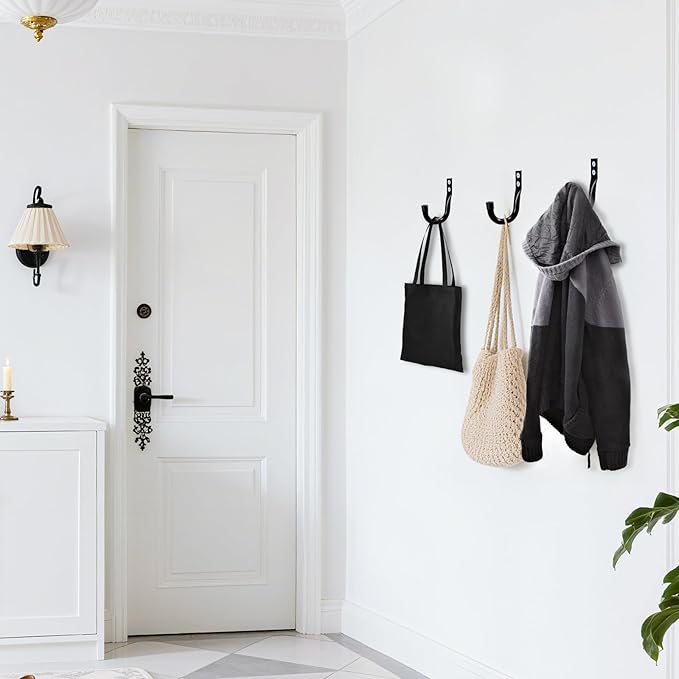 KURUI Large Metal Wall Hooks for Hanging Living Room/Bedroom/Garage, 14Pcs Garage Organization and Storage Heavy Duty Hook for Tool Coat Backpack Bag, 40 LB Black Wall Mount Hanges for Outdoor Indoor