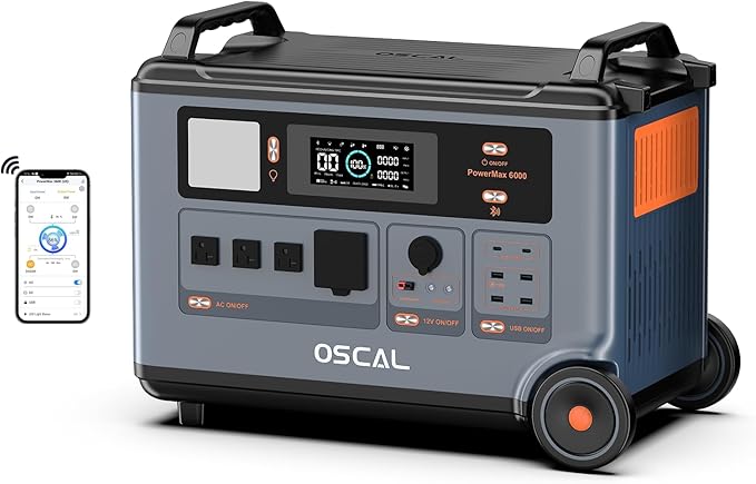 OSCAL 6000W(Peak 9000W) Solar Generato,120V/240V Dual-Voltage 3600WH EV-Grade LiFePO₄ Battery Portable Power Station,14 Outlets(4×6000W AC Outlets),2200W 1.96H Fast Charge,Promax6000 for Home Backup.