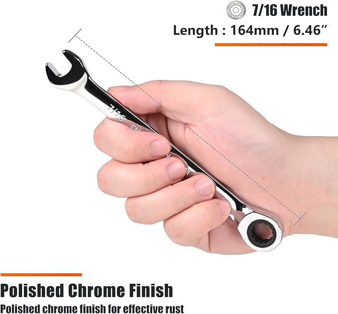 Egofine 7/16 inch Ratcheting Combination Wrench SAE, Industrial Grade Gear Spanner with 12-Point Design, 72-Tooth Ratchet, Chrome Vanadium Steel