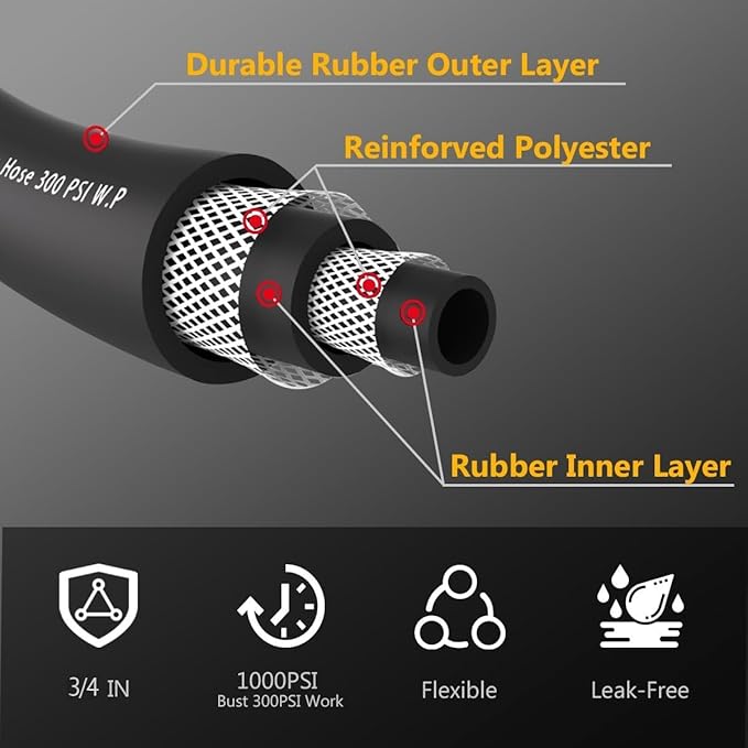 Leader Garden Hose 10ft x 3/4", Heavy Duty Short Water Hose, Female to Female Fittings, Five Layered Braiding for Durability, 1000PSI Burst, 300PSI Working (Black)