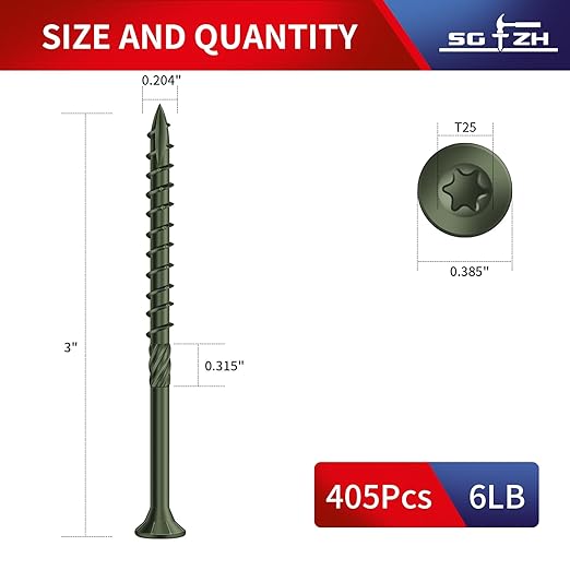 #10 x 3 Inch Deck Screws (405Pcs) 6lb. Carbon Steel, Green, Flat Head, Rust Resistant epoxy Coated, with T25 Star Bit