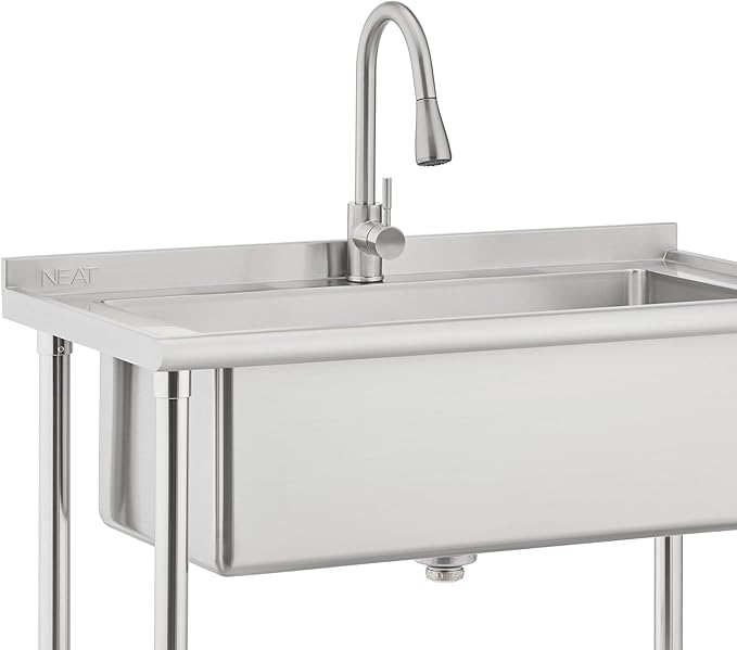 EcoStorage Stainless Steel Utility Sink, Oversized Freestanding Single Bowl Utility Sink, Pull-Out Faucet, Garage, Laundry Room, Business, NSF Certified, 40"W x 22"D x 50"H (NHA-0319)