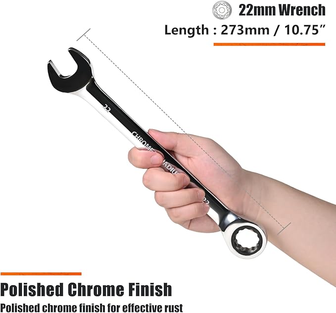 Egofine 22mm Ratcheting Combination Wrench Metric, Industrial Grade Gear Spanner with 12-Point Design, 72-Tooth Ratchet, Chrome Vanadium Steel