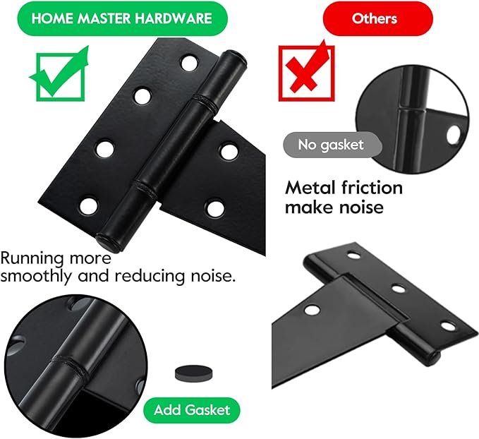HOME MASTER HARDWARE 6 Inch T-Strap Heavy Duty Shed Door Hinges, Black Stainless Steel Heavy Duty Gate Hinges Tee Hinge for Wooden Fences,Yard Door, Barn Door Gates, Rustproof Wrought with Screws, 4 P