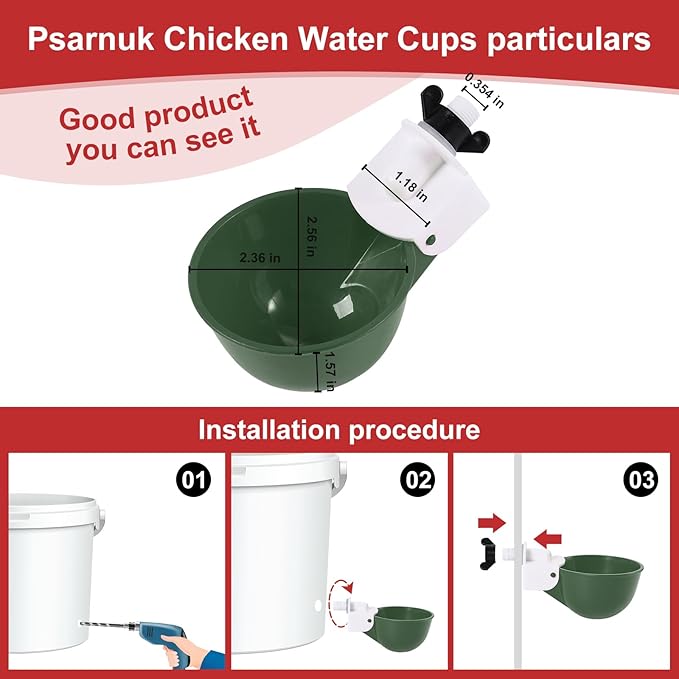 Chicken Waterer Cups (8 Pack/Green) - DIY Automatic Large Chicken Water Feeder for Ducks,Chicks, Turkeys, Quail, Bunny, Bird and Other Various Poultry Dispenser with Matching Drill