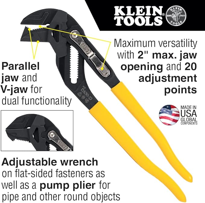 Klein Tools D53002KIT Plier Wrench Set, 2-Piece High-Leverage Pliers with Adjustable, Reversible Jaw, Smooth and Knurled Teeth, 7-Inch and 10-Inch