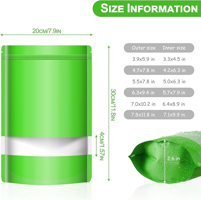 100 Pack Smell Mylar Proof Bags for Food Storage, Resealable Packaging Bags for Small Business, Stand Up Foil Pouches Reusable Heat Sealable Bags with Clear Window (Green, 7.8x11.8 In)