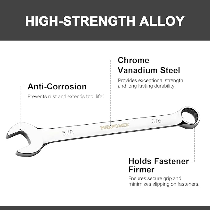 MAXPOWER 5/8 Inch Combination Wrench Set, Professional Open and Box End Spanners with Mirror Finish, Made with Forged and Heat-Treated Cr-V Steel, 12-Point Design