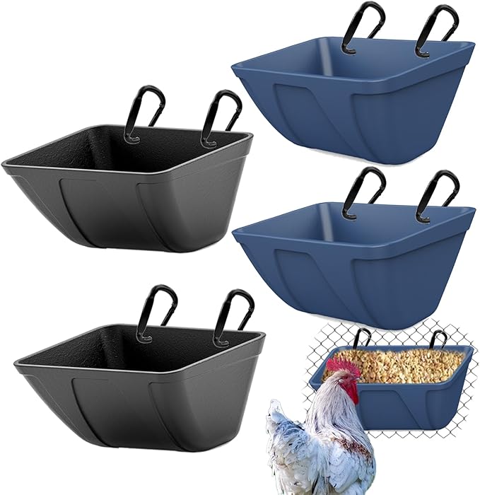 Hanging Chicken Feeder Trough for Goat Sheep Deer Poultry Duck Chicken Fence Feeder Livestock Feeding Container Goats Supplies Feeders Waterer Bucket (Black and Blue)