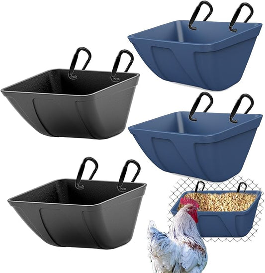 Hanging Chicken Feeder Trough for Goat Sheep Deer Poultry Duck Chicken Fence Feeder Livestock Feeding Container Goats Supplies Feeders Waterer Bucket (Black and Blue)