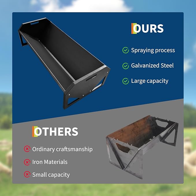 45.13" Heavy Duty Steel Goat Feeder, Heavy Duty 22 Gallon Capacity Livestock Feed Trough, Thickened Livestock Feeder for Goats, Sheep, Horses, Cattle, Alpacas, Easy to Clean, Black