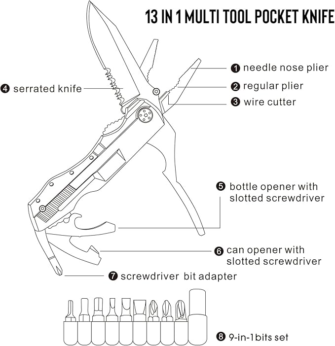 THE FRONT Multitool Knife, Pocket Knife, 13 in 1 Multi tool Folding Utility Plier, Bottle Opener Saw Screwdrivers Bottle Opener, for Camping Survival Hunting Fishing Hiking, Gifts for Men Dad