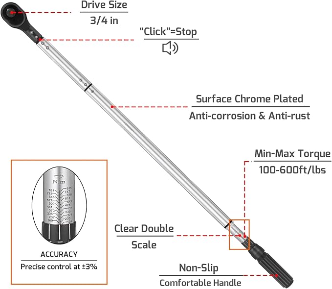 3/4-Inch Drive Click Torque Wrench, Dual-Scale Adjustable Torque Wrench Set with a Hex Key 100-600ft.lb / 135-815Nm