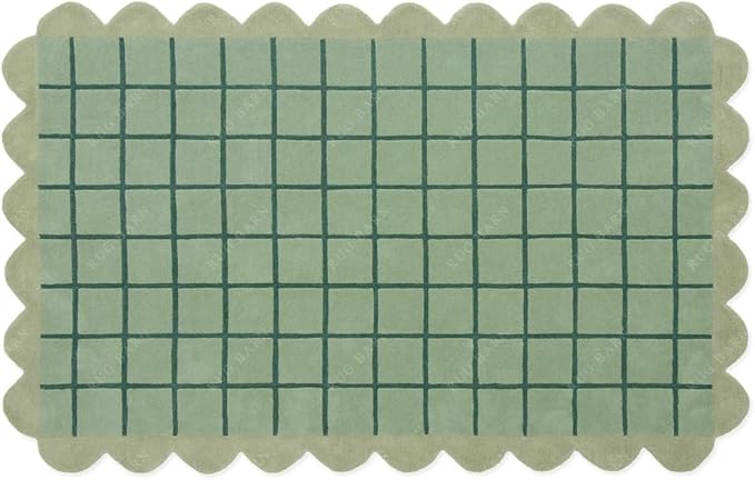 Mint Green Scalloped Edge Wool Area Rug with Checker Grid Design, Hand-Tufted Soft Carpet for Living Room, Bedroom, Nursery, Kids & Playroom Décor - 2.5x10 Ft (Runner)
