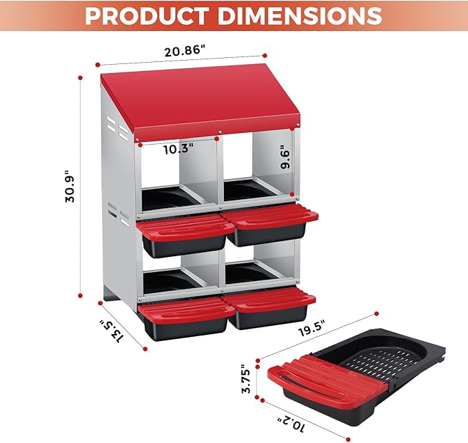 GarveeLife Chicken Nesting Box, 4 Compartments Laying Nest Boxes for Laying Eggs Chicken Brooder Box Nest Box with Perch 2x2 Hole Red
