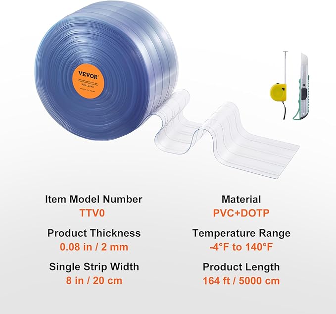 VEVOR Strip Curtain, 164' Length x 8" Width x 0.08" Thickness, Clear Ribbed PVC Curtain Strip Door Bulk Roll, Plastic Door Strips for Doorways of Supermarket, Garage, Warehouse, Barn, Pet Animal House