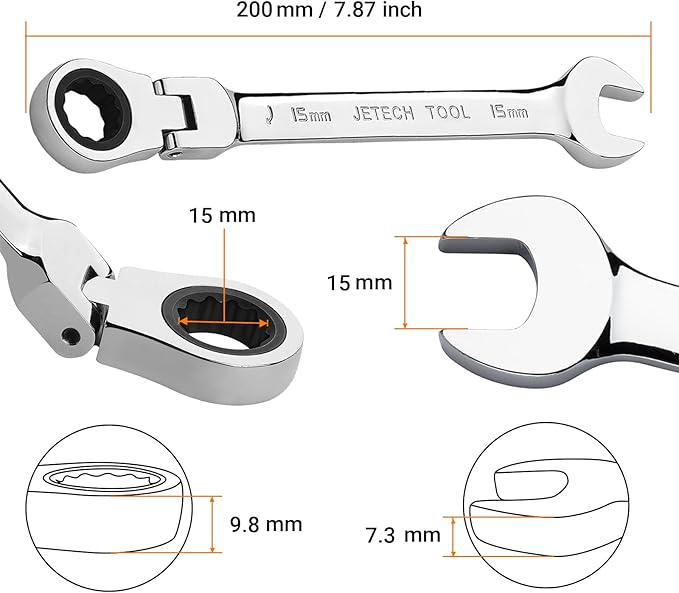 Jetech 15mm Flexible Ratcheting Wrench, Industrial Grade Cr-V Steel, 12 Point, Off Corner Design, 72 Tooth Ratchet, 180 Degree Flexible Box End