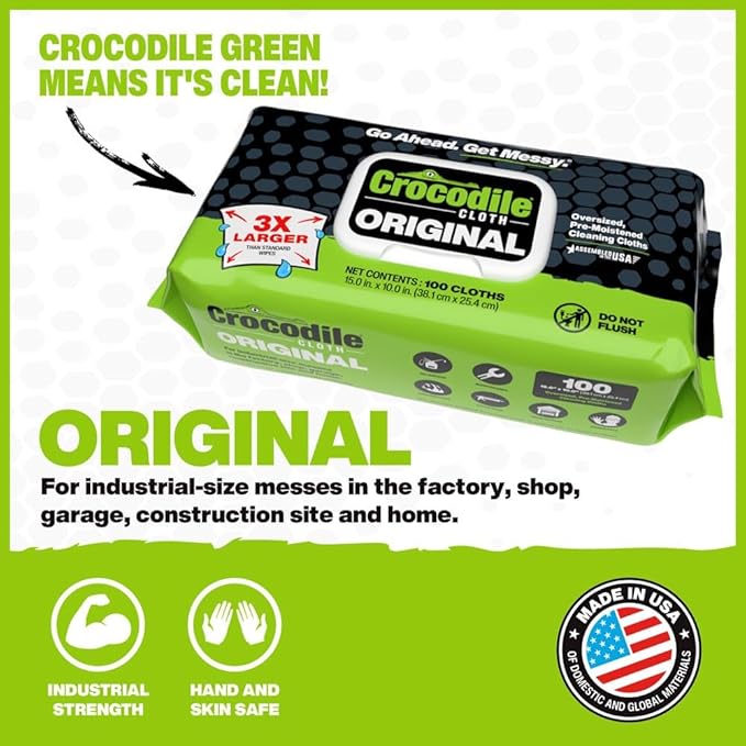 Crocodile Cloth Original Cleaning Wipes, 600 Count (6 Packs of 100) – Heavy-Duty 15” x 10” Multi-Surface Shop Wipes, Water-Based, Safe on Skin, Cuts Grease, Grime & Dirt