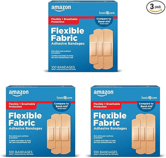 Amazon Basic Care Adhesive Bandages, Flexible Fabric, 100 Count | Pack of 3 | Assorted Sizes | First Aid