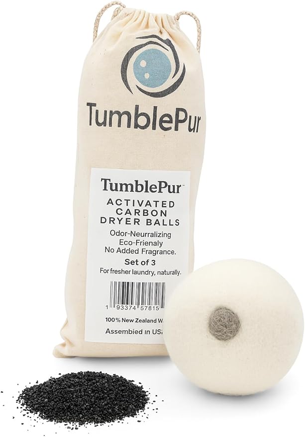 XL Wool Dryer Balls (3-Pack) with Activated Carbon – Odor Eliminating & Fragrance-Free Laundry Deodorizer, Natural Fabric Softener Alternative, Reusable Eco-Friendly Dryer Balls