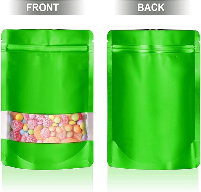 6.3"x9.5" 120pcs Mylar Bags for Food Storage,Smell Proof Bag with Matte Window Resealable Food Storage Bags for Small Business, Stand-up Foil Pouch Packaging Freeze Dried Candy Bag （Green）