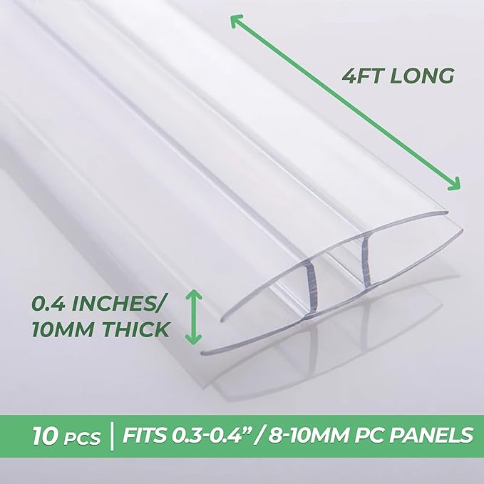 Polycarbonate Greenhouse Panels Connectors - 0.4" Thick, Fit 10mm or 8mm Twin-Wall Polycarbonate Panels, Join 2 Pieces of Panels Together, 4-Foot Length, 10 Pieces (H Connectors 10mm-4ft)