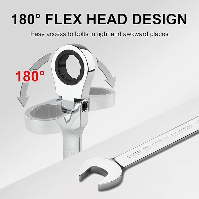 Jetech 16mm Flexible Head Gear Wrench, Industrial Grade Ratcheting Combination Spanner, Forged, Heat-Treated Cr-V Alloy Steel, Full Polished 12 Point,Metric