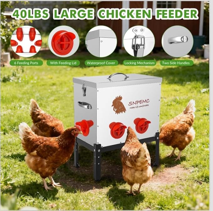 Automatic Chicken Feeder - 40lb 6 Ports Large Capacity Metal Chicken Feeder with Locking Lid and Legs, No Waste Poultry Feeder for Chickens, Ducks, Geese, Turkeys, Quails