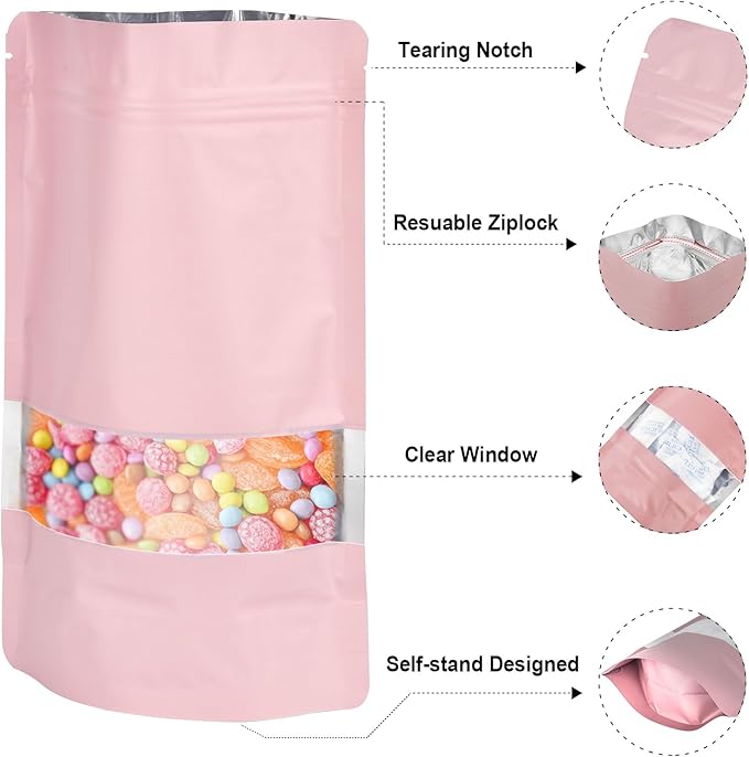 5.9"x8.6" 120pcs Mylar Bags for Food Storage,Smell Proof Bag with Matte Window Resealable Food Storage Bags for Small Business, Stand-up Foil Pouch Packaging Freeze Dried Candy Bag(Pink)