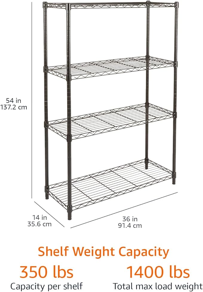 Amazon Basics 4-Shelf Adjustable Heavy Duty Steel Wire Rack Storage Shelving Organizer for Kitchen, Garage, 36" L x 14" W x 54" H, Black