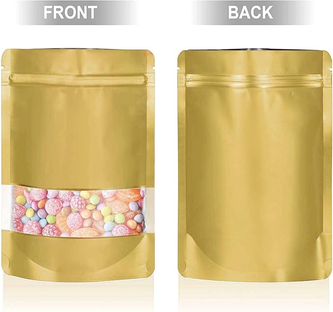 4.7"x7.8" 120pcs Mylar Bags for Food Storage,Smell Proof Bag with Matte Window Resealable Food Storage Bags for Small Business, Stand-up Foil Pouch Packaging Freeze Dried Candy Bag(Gold)