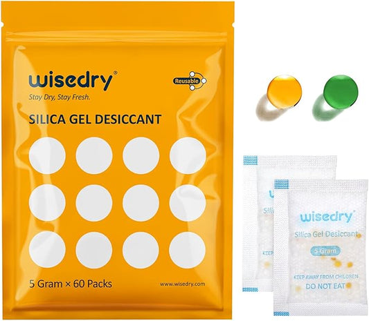 5 Gram [60 Packs] Food Grade Silica Gel Packs Rechargeable Desiccant Dehumidifiers Pouches with Color Indicating Beads Reusable Moisture Absorbers for Food Storage