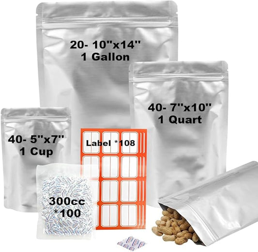4CP Aluminum Mylar Bags, Food Storage with Oxygen Absorbers 300cc and Labels, Smell Proof Pouches, Thick 10 Mil Zipper Stand up Pouches, Long Term Food Container Sets 100 Pack
