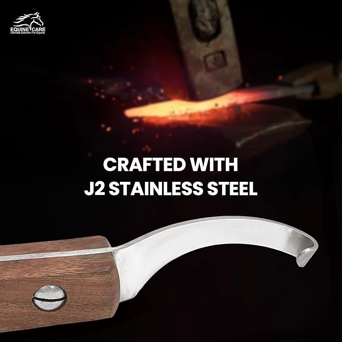 Equine Care Left-Handed Hoof Knife – Ultra-Sharp J2 Steel Blade | Professional Farrier Hoof Knife & Horse Hoof Trimmer | Ergonomic Wooden Handle for Horses & Livestock Hoof Care