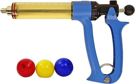 50ML Semi Automatic Livestock Syringe, with Extra 3 Colored Piston Rod Knobs, Adjustable Continuous Repeating Luer Lock Syringe for Cattle Cow Goat Sheep Pig